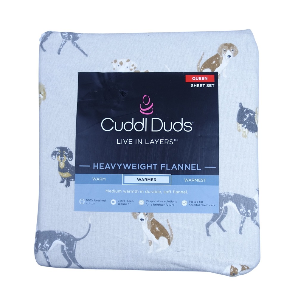 Cuddl Duds Queen Sheet Set Heavyweight Flannel Dog Toss Gray Brushed Cotton New